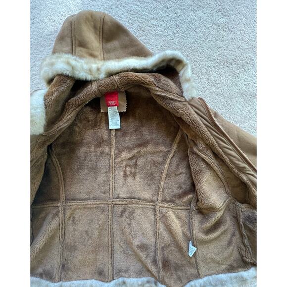 Faux suede coat, faux fur collar, Vintage Esprit w embroidery Sz Large - Picture 7 of 9
